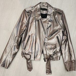 Zara Metallic Leather Biker Jacket - Copper Silver